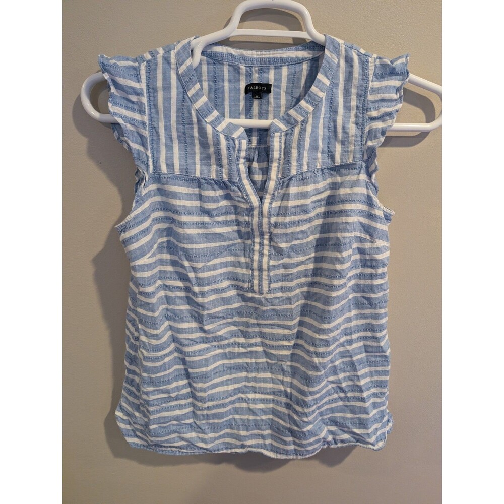 Talbots Top Blue White Striped Sleeveless 100% Cotton Preppy Beach Women's